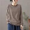Women's T Shirts 2023 Arrival Autumn Women All-matched Loose Casual Striped O-neck Tops Tees Arts Style Long Sleeve Cotton T-shirt P782