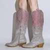 Stövlar Onlymaker Kvinnor pekade tå Knee High Western Cowgirl Glitter Bling Shiny Block Heel Lady 230815