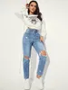 Frauen Jeans rissen Details Mama High Taille für Frauen modische Lose Jeans Weitbein Hosen lässige weibliche Hosen