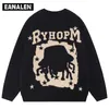 Camisolas masculinos Harajuku Cartoon Anime Sweater grosso da rua masculina campus de suéter de malha retro de malha