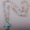 Pendant Necklaces MOODPC Fashion Bohemian Tribal Artisan Jewelry Rosary Chain Amazonite Stones Cross Necklace