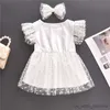 Flickans klänningar Baby Girls Two Piece Outfits Short Sleeve Dot Print Princess Dress and Headband för fest sommarkläder