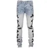 Men's Jeans Ripped For Men Stretch Slim Printed Bones Skinny Pants Hip Hop Denim Trousers Streetwear Casual Stacked Blue
