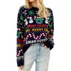 Suéteres femininos Pullovers de crochê femininos Snowring árvore de Natal Padrão de neve padrão marinho Jumpers azul