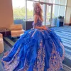 Royal-Blue Gold Quinceanera Dress 2023 Puffy Crackled Lace Sweet 16 Ball Gown Glitter Tulle Vestidos De 15 Anos Lace-Up Corset Bac243S