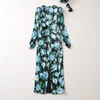 Europäische und amerikanische Frauenkleidung 2023 Herbst neuer Stapelkragen Langarm Blau Rose Print Fashion Kleid xxl