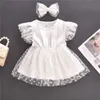 Flickans klänningar Baby Girls Two Piece Outfits Short Sleeve Dot Print Princess Dress and Headband för fest sommarkläder