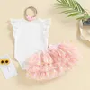 Kleidungssets Baby-Mädchen-Sommer-Overall-Set, Blumendruck, Fliegenärmel-Strampler und lässiger, geschichteter Mesh-Tüllrock, Stirnband