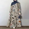 Ethnic Clothing Muslim Cotton And Linen Printed Round Neck Button Bubble Long Sleeved Fashionable Loose Casual Dress