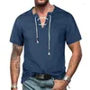 Mäns casual skjortor 2023 Summer Fashion European and American Denim Shirt V-ringning LACE-UP TASSEL SOLID COLOR MANA