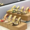 gianvito rossi 라인 스톤 스트립 슬리퍼 섹시한 반짝이는 디자이너 슬라이드 노새 스카프 모카신 105mm 하이힐 샌들 최고 품질의 염소 가죽 뾰족한 슬리퍼 35-42