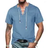 Mäns casual skjortor 2023 Summer Fashion European and American Denim Shirt V-ringning LACE-UP TASSEL SOLID COLOR MANA