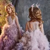 Flickaklänningar utsökta prinsessan blomma spetsar applikationer pärlor tyll o-hals långärmad bollklänning barn prom party