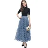 Women's Runway Designer Two Piece Dress O Neck Flexible Black Blouse with Ruffles Appliques Long Skirt Fashion Twinset