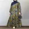 Ethnic Clothing Muslim Cotton And Linen Printed Round Neck Button Bubble Long Sleeved Fashionable Loose Casual Dress