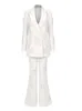 Women's Two Piece Pants Women White Blazer Long Pant Suit Sexy V Neck 3D Flower Decoration Full Sleeve Coat Flared Trousers Evening Party 2