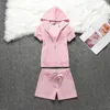 Women's Tracksuits Summer Outfits For Women 2023 Short Sleeved Hoodie And Shorts Two-piece Set Girl's Silver Wire Pit Strip JC Sweatshirt