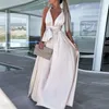 Casual Dresses Summer Solid Color Waisted Long Dress Elegant Off Shoulder Lace-up Satin Party Fashion Sleeveless Split Evening