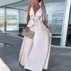 Casual jurken zomer stevige kleur taille lange jurk elegant off schouder veter satijnen feest mode mouwloze splitavond