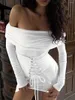 Casual Dresses White Off Shoulder Mini Bodycon Dress for Women Fairy Long Sleeve Slash Neck Cross Tie-up Short Streetwear