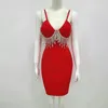 Casual Dresses Wholesale Women's Dress Black Red Spaghetti Strap Rhinestone V-Neck Sexig Celebrity Cocktail Party Bandage