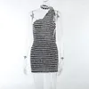 Casual Dresses Black White Stripes Mini Dress Women Halter Choker Bodycon Open Back One Shoulder Vestidos Streetwear High Waist