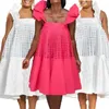 Casual klänningar söt rosa vit ärmlös ihålig utrullning plus storlek 3xlcasual lös klänning för kvinnor