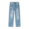 Herren Jeans Männer High Street Mode Hip Hop Wäsche blau gebrochene Loch gerade Hosen Herren Streetwear Vintage Denim Baggy