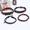 Bangle Punk Style 4pcs/Set Vintage Multilayer äkta läderarmband Män flätade handgjorda träpärlor Rope Wrap Armelets Male Gift