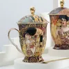 Mokken Bone China koffiemok met deksel en lepel antient Klimt schilderen Porseleinen theekopjes bruiloft Verjaardag cadeau 230815