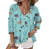 Women's Blouses Soft Women Top Flower Print V Neck T-Shirt Casual Colorfast Spring-Fall Blouse met knopen met lange mouwen ademend