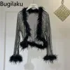 Women s Jackets Bugilaku Feathers Patchwork Fashion Women V neck Long Sleeve See Through Sexy Open Stitch Solid Color Hollow Out Coats 230815