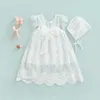 Mädchen Kleider Sommer Prinzessin Kleinkind Baby Mädchen Taufe Kleid Rüschen Ärmel Solide Blumen Zurück Bowknot Kleid + Hüte Outfit