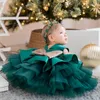 Girl Dresses Green Toddler Baby Dress Big Bow Baptism Skirt Kids First Year Birthday Party Wedding Clothes Tutu Fluffy Gown