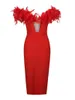 Casual Dresses Modphy Women's Sexy Strapless V-Neck Feather Bandage Midi Dress Rose Red Elegant BodyCon Club Evening Party Vestidos