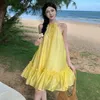 Casual Dresses Yellow Off Shoulder Bandage Halter Party Dress For Women 2023 Summer Sleeveless Pleated Ruffles Short Female Loose