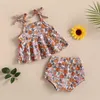 Ensembles de vêtements bébé fille 2 pièces tenues d'été sans manches cravate épaule florale haut caraco + ensemble short