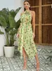 Casual Dresses Summer Floral Printed Backless Long Dress Women Green Halter Lace-up Irregular Ruffles Slim Tie Flower Club Party Evening