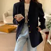 Damespakken herfst 2023 marineblauwe blazers vrouwen retro pak midden lengte losse lagen goud knoppen polo kraag achtersplit zakken comfort