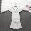 Women's Tracksuits Summer Outfits For Women 2023 Short Sleeved Hoodie And Shorts Two-piece Set Girl's Silver Wire Pit Strip JC Sweatshirt