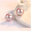 Stud High Quality 100% 925 Sterling Sier 6-7Mm Round Pearls Earrings 3Colors White Pink Purple Freshwater Pearl Jewelry Wholesale Drop Dhrka