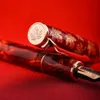 Fountain Penns Hongdian N8 Harts Fountain Pen Red Acrylic Maple Leaf Carving Cap EF/F NIBS TRIM STOME Office Writing Presents Pens med omvandlare 230814