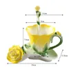 Mokken creatieve mode 3d roze vorm bloem email Keramische koffiethee beker en schotelle lepel set porselein water Valentijnsdag cadeau 230815