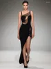 Повседневные платья Bevenccel Sexy Summer's Women's Black Mesh Patchwork Split Long Bangage платье элегантное рукавочное стройное клуб 2023