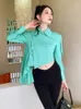 Blouses voor dames groen asymmetrisch ontwerp sense shirt voor vrouwen revers lange mouw slanke korte tops 2023 veer kleding m395