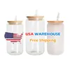 CA USA Warehouse Wholesale 16oz Clear Frosted Sublimation Blanks Glass Mason Jar Beer Can Can Glass Cup with Bamboo Lid and Straw