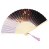 Figuras decorativas Ventilador plegable de bambú de seda Antigüedad japonesa Hommasta con borlas elegantes para espectáculo de escenario