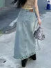 Юбки 2023 Женская юбка для карандашей высокая талия в стиле стиль моды в стиле ретро с щелевой асимметрией карманные джинсы нет ремня.