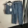 Flower Print Women Vest Pants High Waisted Denim Pants Casual Wide Leg Pants Fashion Camisole Trousers Set