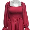 Casual Dresses Women Dress Pleated Wrapped Chest Lady Loose Hem Flattering Square Collar High Waist For Spring